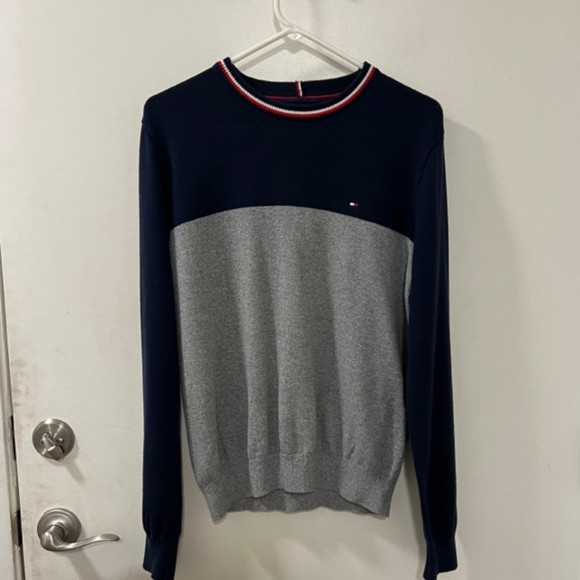 Tommy Hilfiger Mens Blue Gray Color Block Crewneck Cotton Knit Sweater Sz Medium - Picture 3 of 9